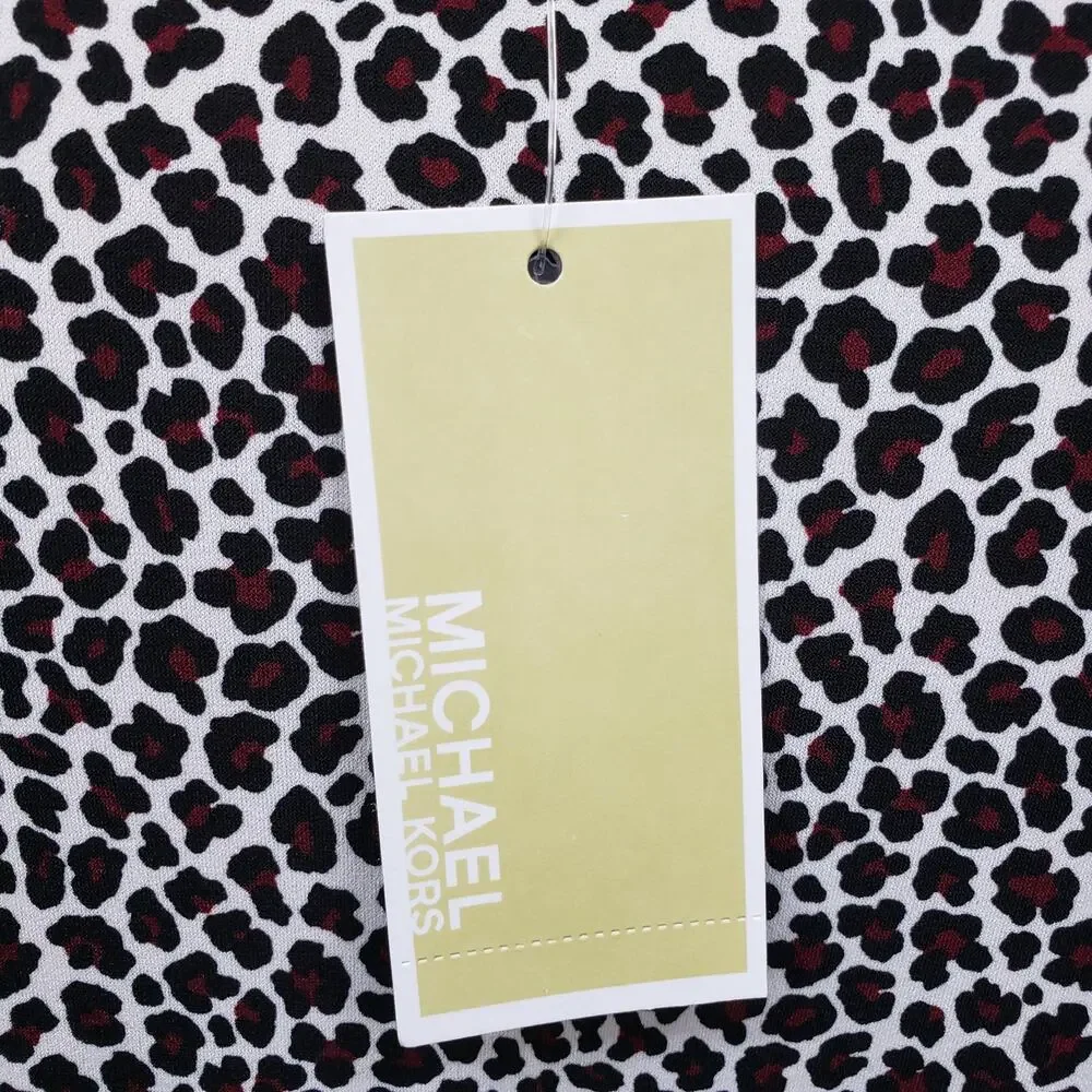 NWT MICHAEL KORS Arm Slit Animal Print Top Blouse Women L V-Neck Ruby Black